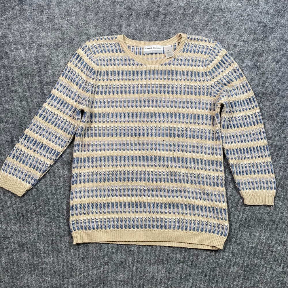 Alfred Dunner Petite Womens PS Blue Tan Geometric Knit Crewneck Sweater USA Made